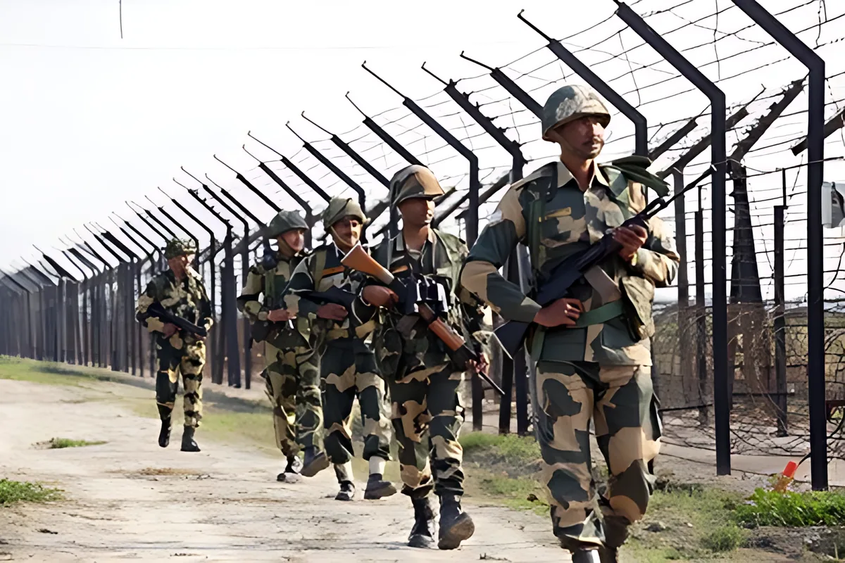 A BSF patrol walking along the border fence