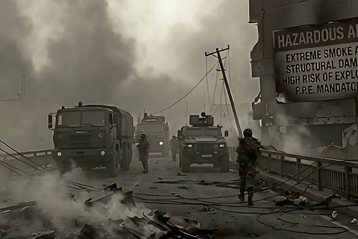 Military trucks on a smoke-filled road beside a damaged building