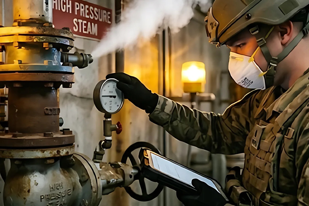 A soldier in a mask checking a pressure gauge beside a steam leak