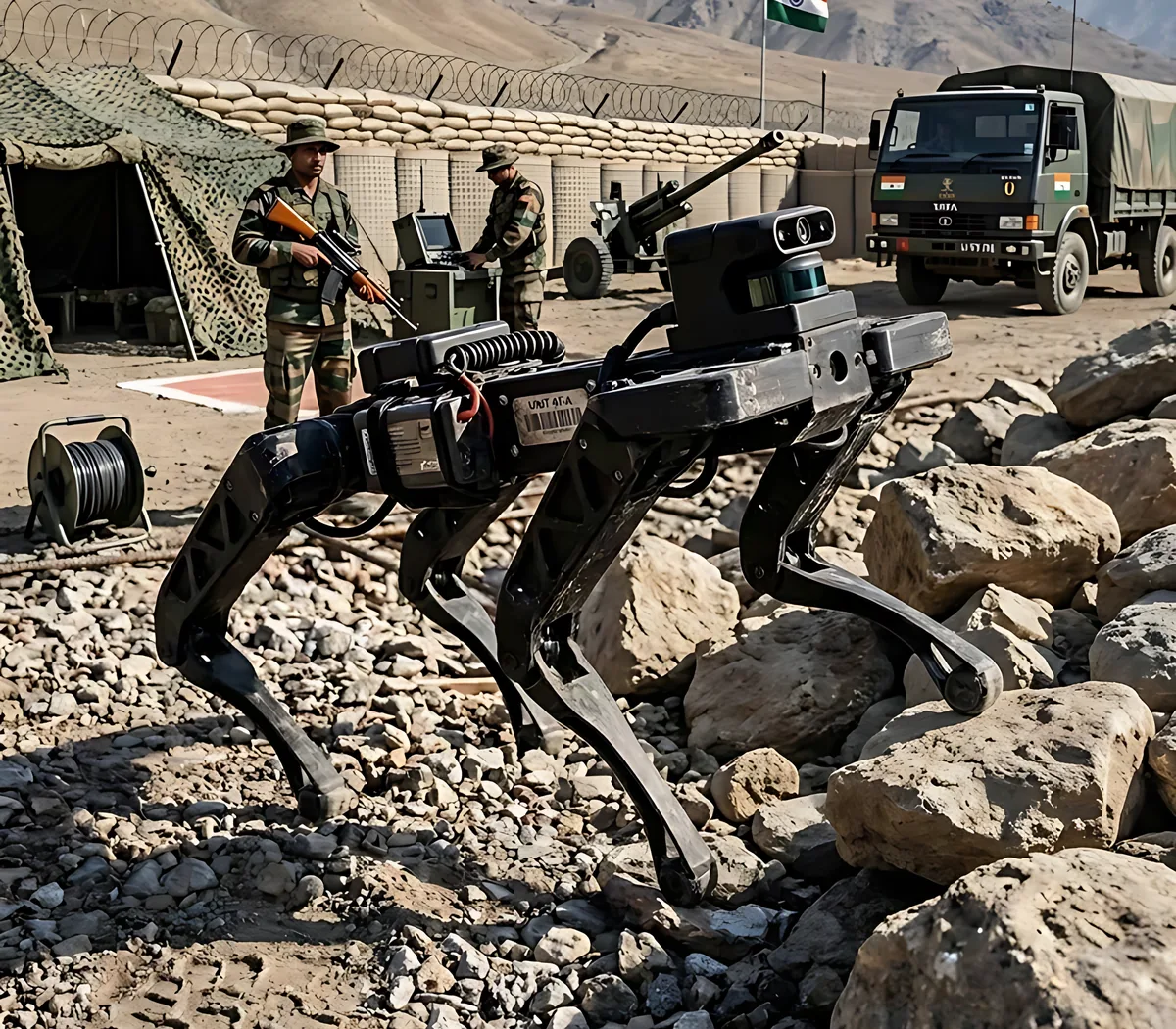 Concept: SUNAC at an Indian Army border post, with soldiers, a truck and the national flag behind it